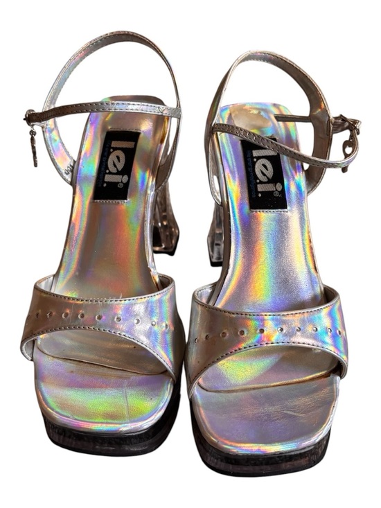 lei Shoes - Vintage Y2K lei Holographic Silver Open-Toe Slingback Heels